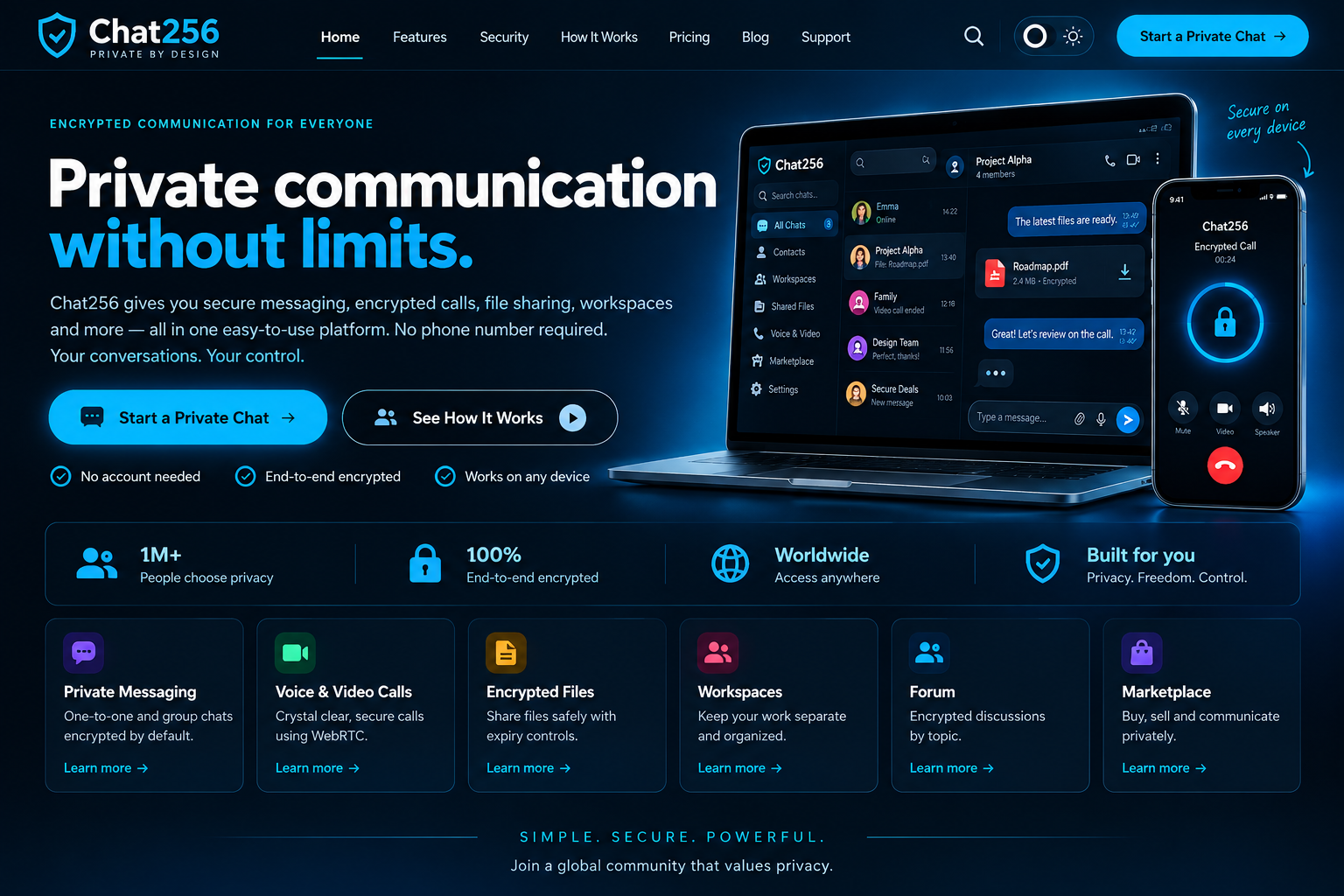 Chat256 messaging, calling and file-sharing interface on connected devices
